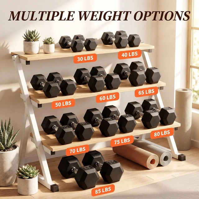 Alt view image 4 of 7 - LIFERUN Rubber Coated Hex Dumbbell Set of 2, 30-85lb Cast Iron Free Weights
