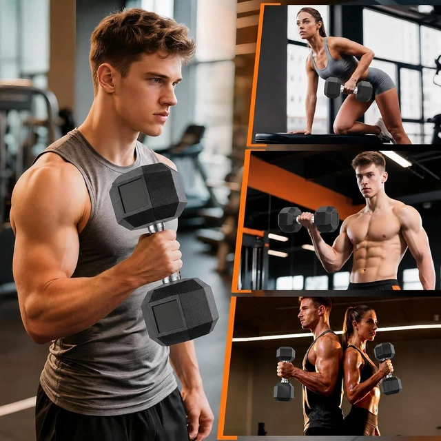 Alt view image 6 of 7 - LIFERUN Rubber Coated Hex Dumbbell Set of 2, 30-85lb Cast Iron Free Weights