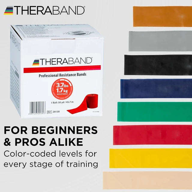 Alt view image 7 of 7 - THERABAND Resistance Band, 50-Yard Roll, Latex Elastic Band for Exercise, Stretching, Physical Therapy, Yoga, Pilates, Home Workouts, Cut-to-Length, Color-Coded Levels