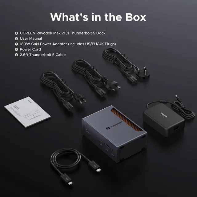 Alt view image 7 of 7 - UGREEN 13-in-1 Thunderbolt 5 Docking Station, 120Gbps Max Transfer, Single 8K@60Hz, Dual 6K@60Hz Display, 140W Power Charging Revodok Max 2131 with 2.5GbE, SD/TF 4.0 (Includes US/EU/UK Power Adapter)