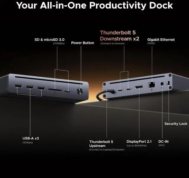 Alt view image 2 of 7 - UGREEN 10 in 1 Revodok Maxidok Thunderbolt 5 Docking Station, 120Gbps with 3×TBT5 (Single 8K/ Dual 6K@60Hz), 140W Total Power, DP2.1, Gigabit Ethernet, SD/TF 3.0 Dock for MacBooks and Windows Laptops