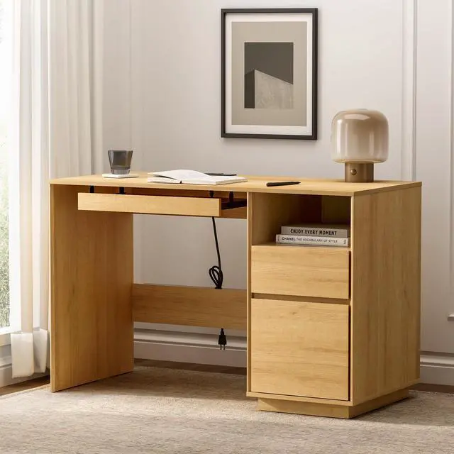 Farmhouse Computer Desk with File Drawer, 47" Executive Desk with Charging Station and Open Storage Compartment Wood Home Office Desk for Writing Study Working, Matural Oak