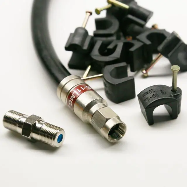 Main image of 40ft BLACK TRI-SHIELD DIRECT BURIAL UNDERGROUND RG-11 COAXIAL CABLE 14AWG 75 Ohm GEL BRAIDED WEATHER SEAL BRASS CONNECTORS BARREL AND 10 NAIL CLIPS INCLUDED ASSEMBLED IN USA by INTL