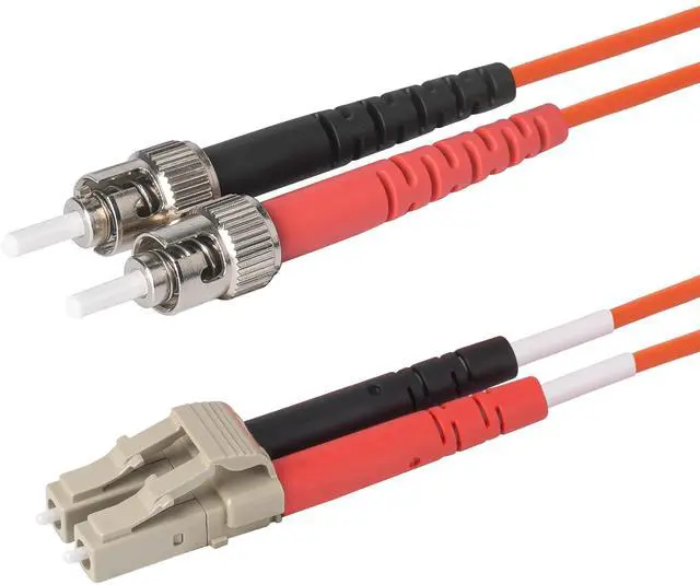 Main image of 1-Pack 35 Meter ST to LC Fiber Optic Patch Cable, Red and Black Boots, Corning InfiniCor Multimode OM1 62.5/125um Optical Fiber, Duplex Orange Riser OFNR Cable Jacket