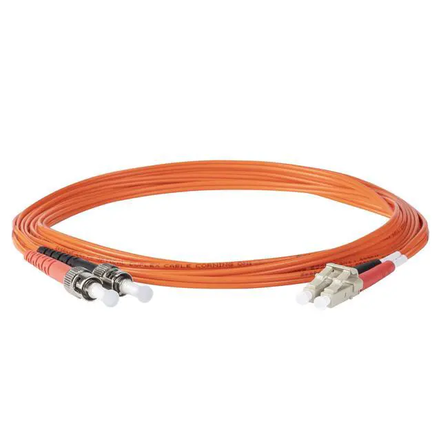 Alt view image 2 of 5 - 1-Pack 35 Meter ST to LC Fiber Optic Patch Cable, Red and Black Boots, Corning InfiniCor Multimode OM1 62.5/125um Optical Fiber, Duplex Orange Riser OFNR Cable Jacket