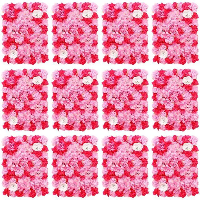 Main image of 12PCS Crimson Rose Hydrangea Artificial 3D Rose Flower Wall Panels, Silk Flower Wall Decor for Wedding Venue, Home Party, Photo Background