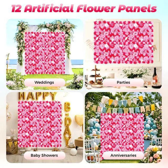 Alt view image 6 of 6 - 12PCS Crimson Rose Hydrangea Artificial 3D Rose Flower Wall Panels, Silk Flower Wall Decor for Wedding Venue, Home Party, Photo Background