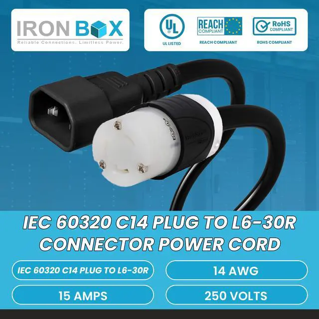 Alt view image 2 of 6 - IronBox Electric - IEC 60320 C14 Plug to L6-30R Connector Power Cord - Rated for 15A/250V/14 AWG - Cable for Server Racks or Data Centers - Ideal for Industrial & Commercial Applications (15 Feet)