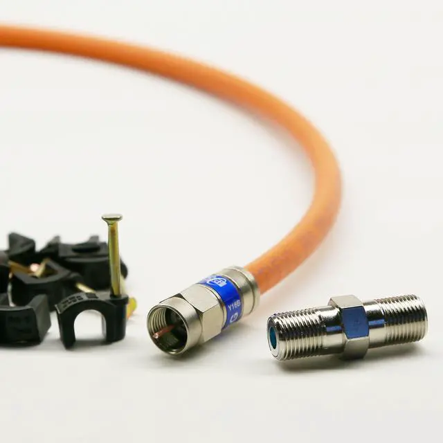 Main image of 155ft DIRECT BURIAL UNDERGROUND RG6 COAXIAL CABLE 18AWG GEL COATED BRAID WEATHER SEAL BRASS CONNECTORS BARREL AND 10 NAIL CLIPS INCLUDED UL ETL CUT TO ORDER AND ASSEMBLED IN USA by INTL
