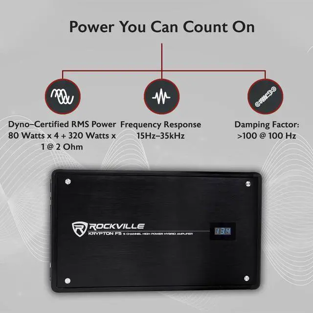 Alt view image 2 of 4 - Krypton F5 3200W 5-Channel Car Amplifier, 15.35 x 8.66" x 2.2", Dyno-Certified RMS, Volt Meter, Bass Knob, Clip Indicator, Class AB+D for Car Audio and Subs