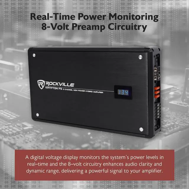 Alt view image 4 of 4 - Krypton F5 3200W 5-Channel Car Amplifier, 15.35 x 8.66" x 2.2", Dyno-Certified RMS, Volt Meter, Bass Knob, Clip Indicator, Class AB+D for Car Audio and Subs