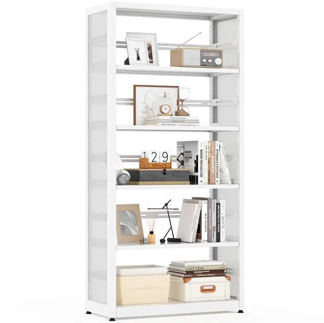 Main image of 5 Tier Metal Bookshelf, 68" White Tall Bookshelf with Adjustable Shelves, CD Storage Racks, Heavy Duty Bookshelves and Bookcases, Library Bookcase for Living Room,Office,Bedroom
