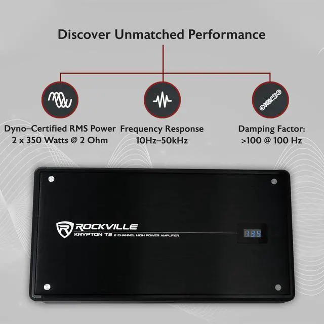 Alt view image 2 of 4 - Krypton-T2 2800W Peak/700W RMS 2 Channel Car Amplifier, Class A/B, Digital Voltage Display, Adjustable Crossover & Bass Boost, High-Level Input, for Car Audio Systems