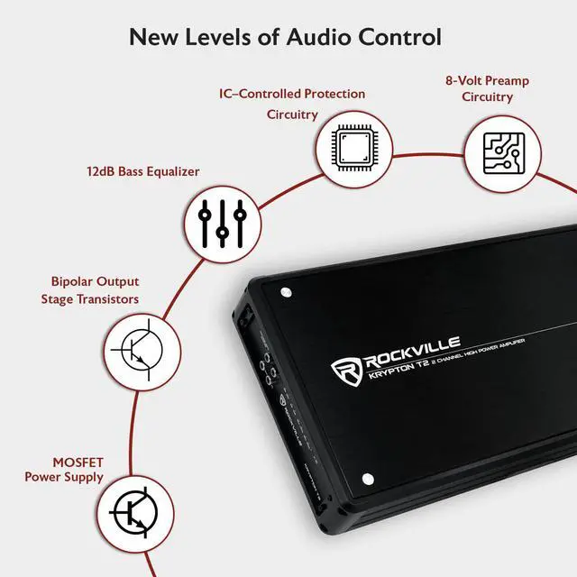 Alt view image 4 of 4 - Krypton-T2 2800W Peak/700W RMS 2 Channel Car Amplifier, Class A/B, Digital Voltage Display, Adjustable Crossover & Bass Boost, High-Level Input, for Car Audio Systems