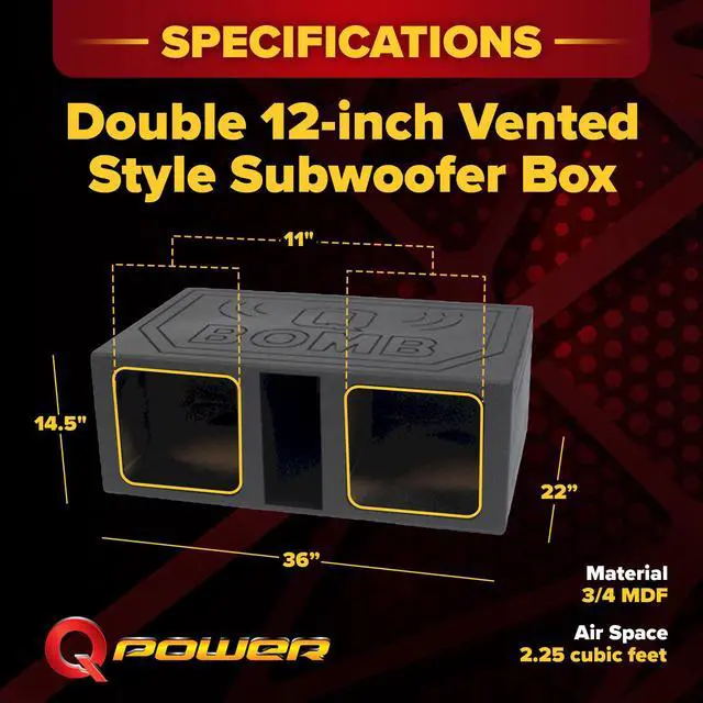 Alt view image 3 of 4 - QPower QBOMB12VLSQ Double 12 Inch 42 Hertz Frequency Extra Large Vented Side Ported Speaker Square Box Enclosure with Spring Loaded Terminal
