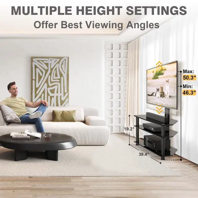 Alt view image 2 of 4 - Swivel Floor TV Stand with Table for 32-70 Inch TVs, Universal Height Adjustable TV Floor Stand with Large Storage Shelves, Strong Corner TV Stand Mount Holds up to 88lbs, Black