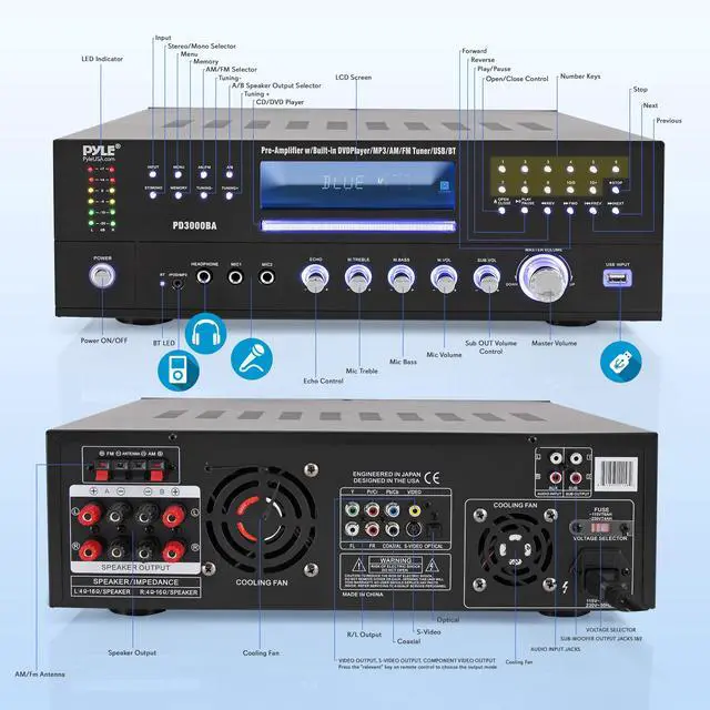 Alt view image 2 of 4 - 4 Channel Bluetooth Amplifier with Front Loading DVD/CD Player - 3000 Watt Stereo Receiver with FM Radio, Dual Microphone w/Echo for Karaoke, USB-A in, LED, Rack Mount - PD3000BA.5