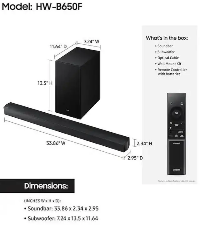 Alt view image 2 of 4 - HW-B650F 3.1 ch B-Series Soundbar, with Wireless Subwoofer, Dolby Audio/DTS Virtual:X, Q-Symphony, HDMI ARC for TV Home Theater Surround Sound