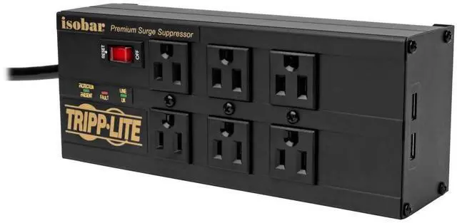Main image of Isobar 6 Outlet Surge Protector Power Strip with 2 USB Charging Ports,10ft Long Cord, Right-Angle Plug, Metal, 3840 Joules, & $50K Insurance (IBAR6ULTRAUSBB)Black