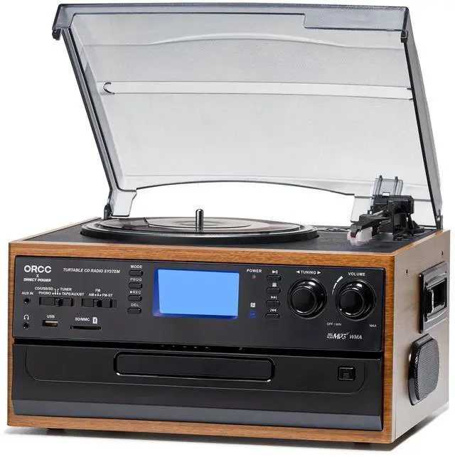 Main image of 10-in-1 Vinyl Turntable Record Player with Bluetooth, Turntable with Built-in Speaker CD Cassette and FM/AM Radio Combo, AUX in RCA Out USB MP3 Recording Headphone Jack, Copmact & Portable