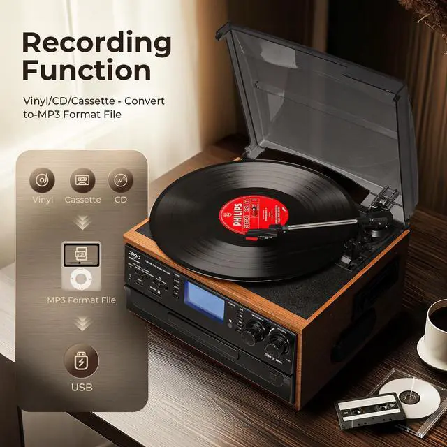 Alt view image 2 of 4 - 10-in-1 Vinyl Turntable Record Player with Bluetooth, Turntable with Built-in Speaker CD Cassette and FM/AM Radio Combo, AUX in RCA Out USB MP3 Recording Headphone Jack, Copmact & Portable