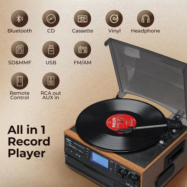 Alt view image 3 of 4 - 10-in-1 Vinyl Turntable Record Player with Bluetooth, Turntable with Built-in Speaker CD Cassette and FM/AM Radio Combo, AUX in RCA Out USB MP3 Recording Headphone Jack, Copmact & Portable