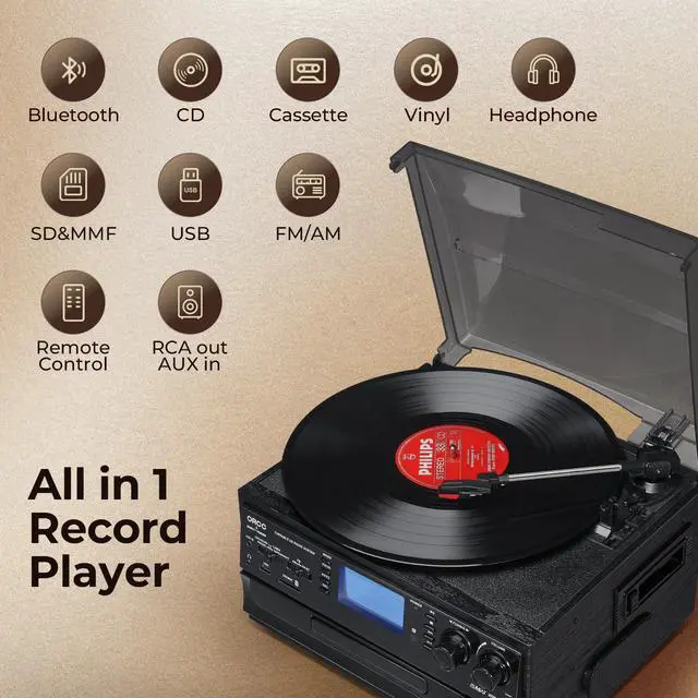 Alt view image 2 of 4 - 10-in-1 Bluetooth Turntable Record Player with Built-in Speaker, Vinyl Turntable CD Cassette and FM/AM Radio Combo, AUX in RCA Out USB MP3 Recording Headphone Jack Compact