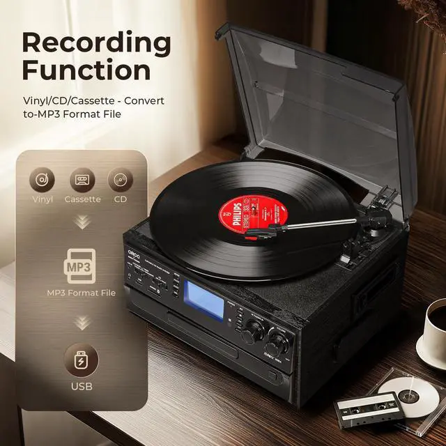 Alt view image 3 of 4 - 10-in-1 Bluetooth Turntable Record Player with Built-in Speaker, Vinyl Turntable CD Cassette and FM/AM Radio Combo, AUX in RCA Out USB MP3 Recording Headphone Jack Compact