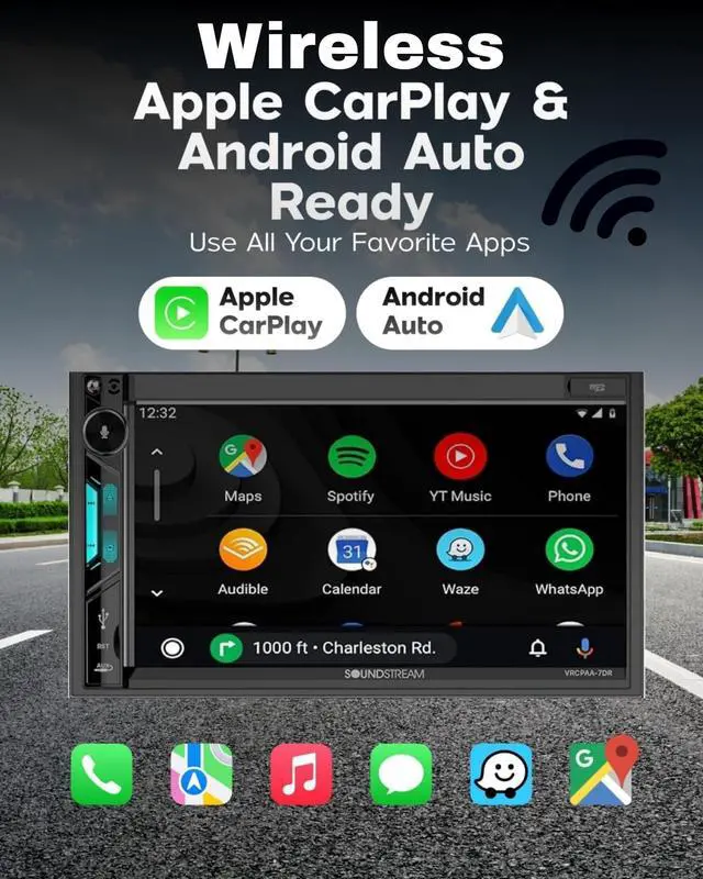 Alt view image 2 of 4 - VRCPAA-7DR 7" Double DIN Touchscreen Car Stereo, Wireless Apple CarPlay & Android Auto, Bluetooth Hands-Free, USB/AUX, Backup Camera Input, Steering Wheel Control, FM/AM, In-Dash Head Unit