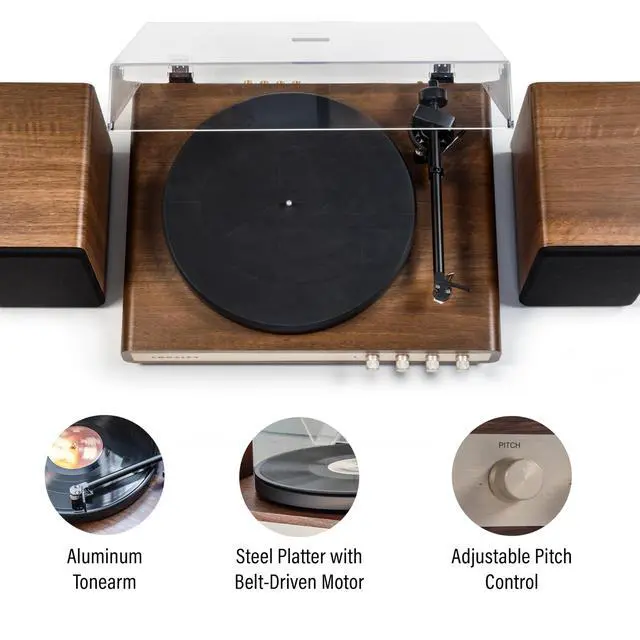 Alt view image 2 of 4 - C65A-WAGL 2-Speed Vinyl Record Player Turntable with 50W Speakers, Moving Magnet Audio-Technica Cartridge, Bluetooth Receiver, Walnut