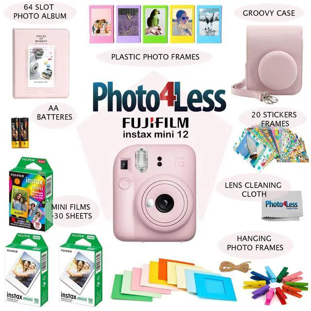 Alt view image 3 of 4 - Instax Mini 12 Instant Film Camera, Fuji Instax Mini Film (20 Sheets), Fuji Rainbow Instant Film (10 Sheets), Protective Case, Album, Insax Mini Accessory Bundle (Blossom Pink)