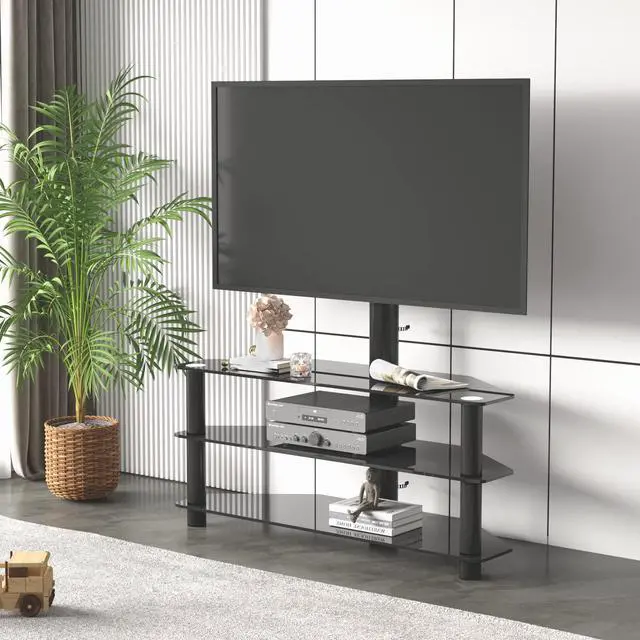 Main image of Swivel Floor TV Stand Height Adjustable Bracket Entertainment Stand for 32 to 65 Flat or Curved Screen Multi-Function Universal TV Stand (Black-2002)
