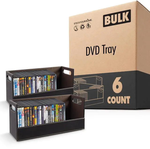 Main image of DVD Storage Box, Movie Shelf Organizer for Blu-Ray, Video Game Cases, CDs, VHS Tape Display Stand, Disc Holder Can Store Up to 28 DVDs, Faux Leather (Espresso) 6 pack