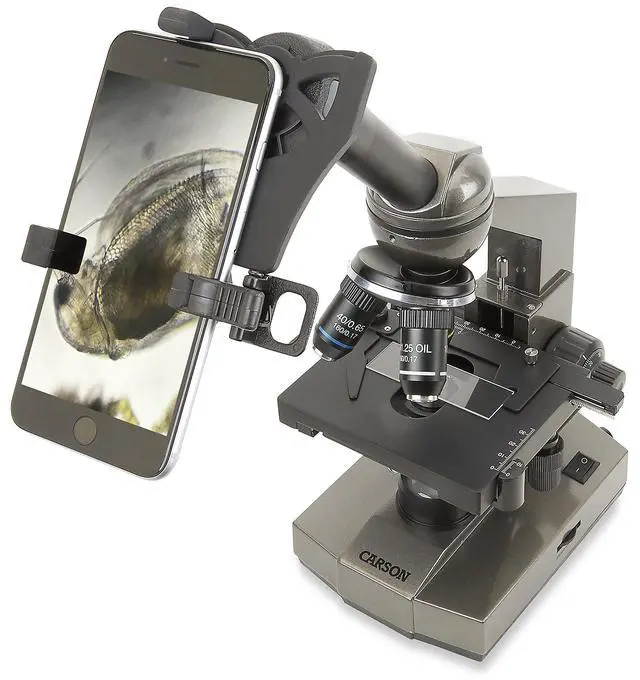 Main image of Beginner 100-1000x Compound Student Microscope with Mechanical Stage, Universal Smartphone Digiscoping Adapter, and Cam Phone App (MS-100SP)