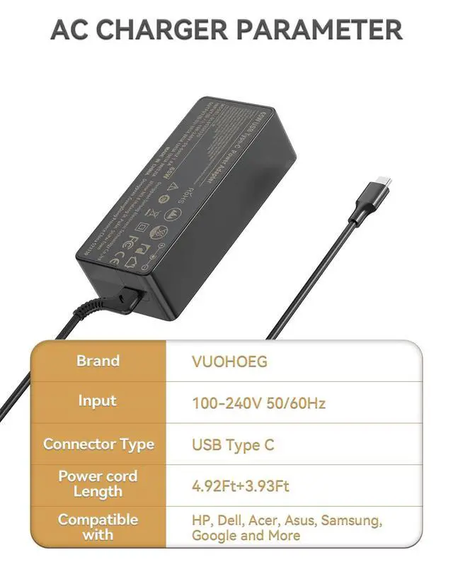 Alt view image 2 of 4 - 20 Pack Laptop Charger 65W watt USB Type C AC Adapter Replacement for Hp Chromebook 14 13 X360 Spectre x360 Elite x2 EliteBook; Lenovo Yoga,Dell, ASUS,Acer Type C Power Supply Adapter with Cord