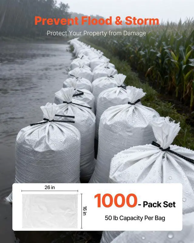 Alt view image 3 of 4 - Empty Sandbags, 1000 Packs 16 x 26 in, Heavy Duty Sand Bags Sacks with Ties, 50lb Capacity Woven Polypropylene Sandbags, Tear-Resistant & UV-Resistant Sand Bags for Flood Protection Barrier