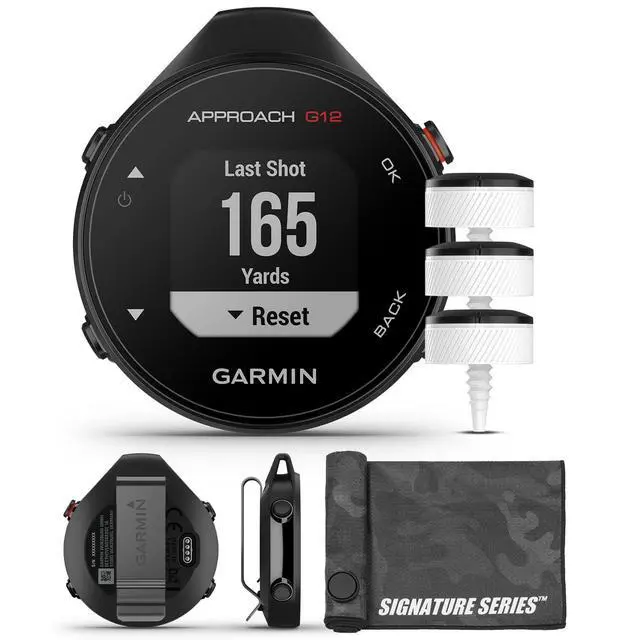 Main image of Garmin Approach G12 Golfing Handheld | Preloaded with 42k CourseView Maps | Scorekeeping | Golf System with Approach CT10 Starter Kit, Club Tracking System (3 Sensors) and Signature Cloth Bundle