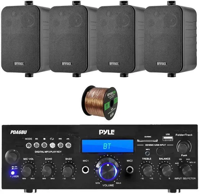 Main image of PDA6BU 200-Watt 2-Channel Digital USB/AUX FM Radio Stereo Amplifier Receiver, Bundle Combo With 4x Enrock EKMR408B 4" Inch 200-Watt 3-Way Black Box Speakers, 50 Feet 16-Gauge Speaker Wire