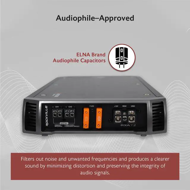 Alt view image 4 of 4 - RXA-T2 2400W 2-Channel Car Amplifier, Dyno-Certified RMS, MOSFET Power Supply, Elna Capacitors, Class A/B, Perfect for Car Audio and Subs