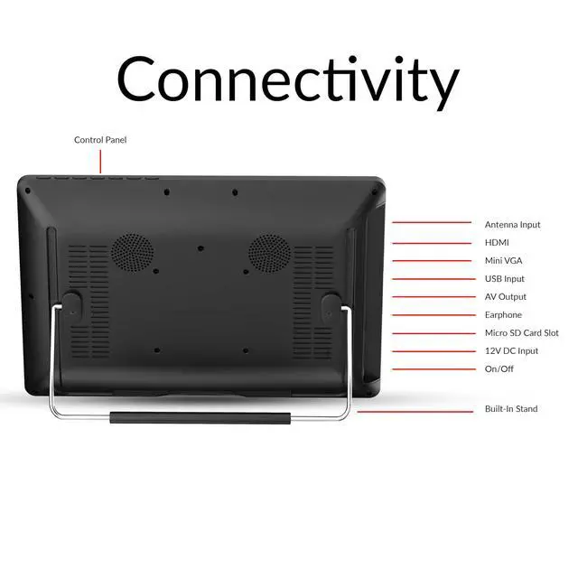 Alt view image 4 of 4 - SC-2812 12-inch Portable LED TV, Digital TV Tuner, FM Radio, HDMI & USB Inputs - 1280x800 Resolution, Rechargeable Battery, AV Jacks, Remote Control, AC/DC Operation