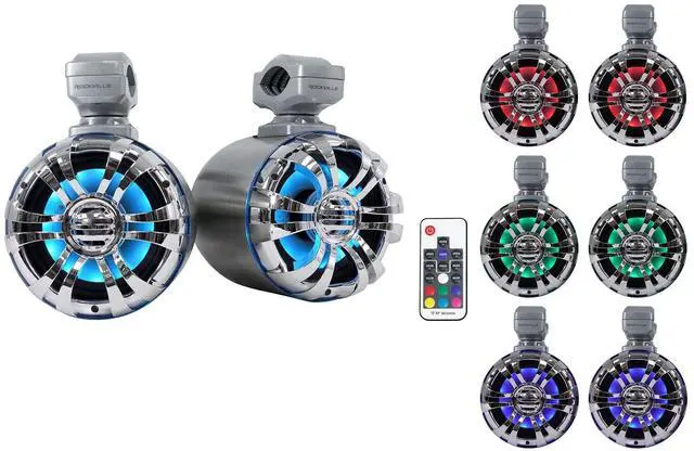 Main image of WB50KLS (Pair) Silver 5.25" 250W Stainless Steel Marine Wakeboard Tower Speakers 360° Swivel Mount w/LED Lights Waterproof for Boats & ATVs