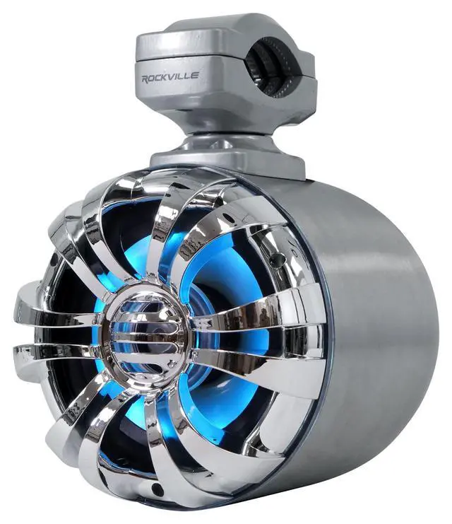 Alt view image 2 of 4 - WB50KLS (Pair) Silver 5.25" 250W Stainless Steel Marine Wakeboard Tower Speakers 360° Swivel Mount w/LED Lights Waterproof for Boats & ATVs
