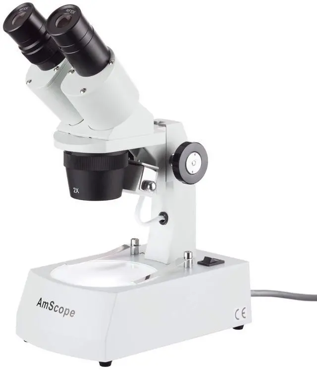 Main image of SE306R-AY Forward-Mounted Binocular Stereo Microscope, WF10x and WF15x Eyepieces, 20X/30X/40X/60X Magnification, 2X and 4X Objectives, Upper and Lower Halogen Lighting, Reversible Black/White Stage Pl