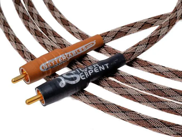 Main image of 8 Inches Silver Serpent Snake Edition Brown/White RCA Audio Interconnect Cables - Stereo Pair (2 Cables) High-End, High-Performance, Premium Hi-Fi Audio