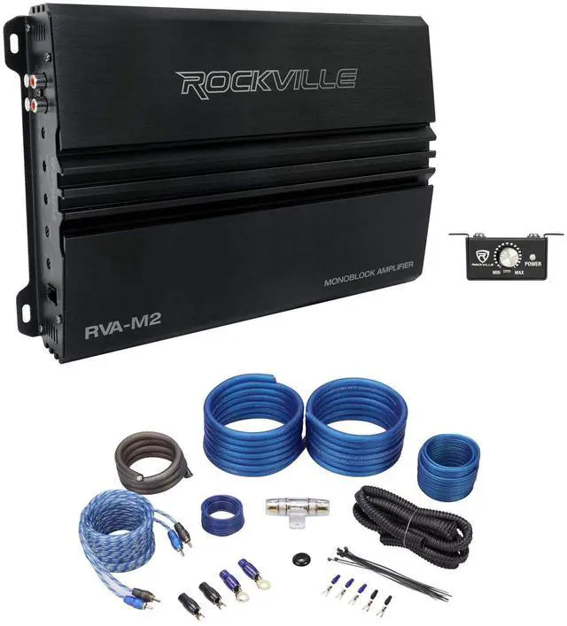 Main image of RVA-M2 Bundle: 2500-Watt Peak/625-Watt RMS Mono Car Amplifier with Remote, RWK41 4-Gauge Complete Amp Wiring Kit with RCA, 2-Items