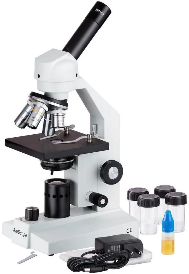 Main image of M500-LED Cordless Monocular Compound Microscope, WF10x Eyepiece, 40x-1000x Magnification, Anti-Mold Optics, LED Illumination, Brightfield, Abbe Condenser, Coarse and Fine Focus, Plain Stage, 110V or B