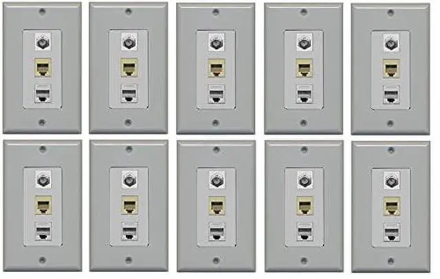 Alt view image 2 of 2 - 1 Port Coax Cable TV- F-Type Phone RJ11 RJ12 and 1 Port Cat5e Ethernet Decorative Wall Plate - Gray - Bracket Included (10 Pack)