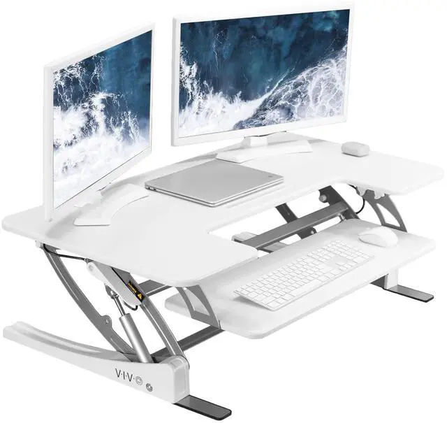 Main image of 42 inch Height Adjustable Stand Up Desk Converter, V Series, Quick Sit to Stand Tabletop Dual Monitor Riser Workstation, White, DESK-V000VLW