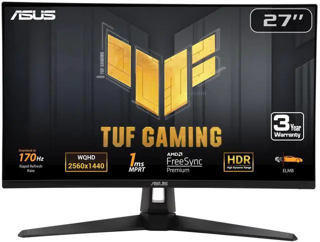 Main image of TUF Gaming 27 1440P Monitor (VG27AQA1A) - QHD (2560 x 1440), 170Hz (Supports 144Hz), 1ms, Extreme Low Motion Blur, Freesync Premium, Eye Care, HDMI, DisplayPort, Shadow Boost, Speakers, HDR
