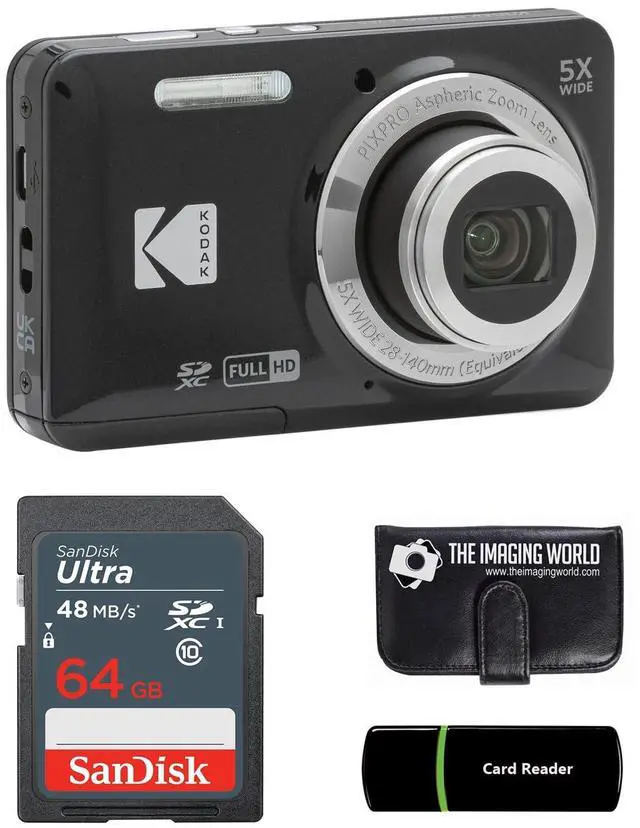 Main image of Kodak PIXPRO FZ55 Black 16MP Digital Camera 5X Optical Zoom 28mm Wide Angle 1080P Full HD Video 2.7" LCD Camera + 64GB Card and Reader + Memory Wallet